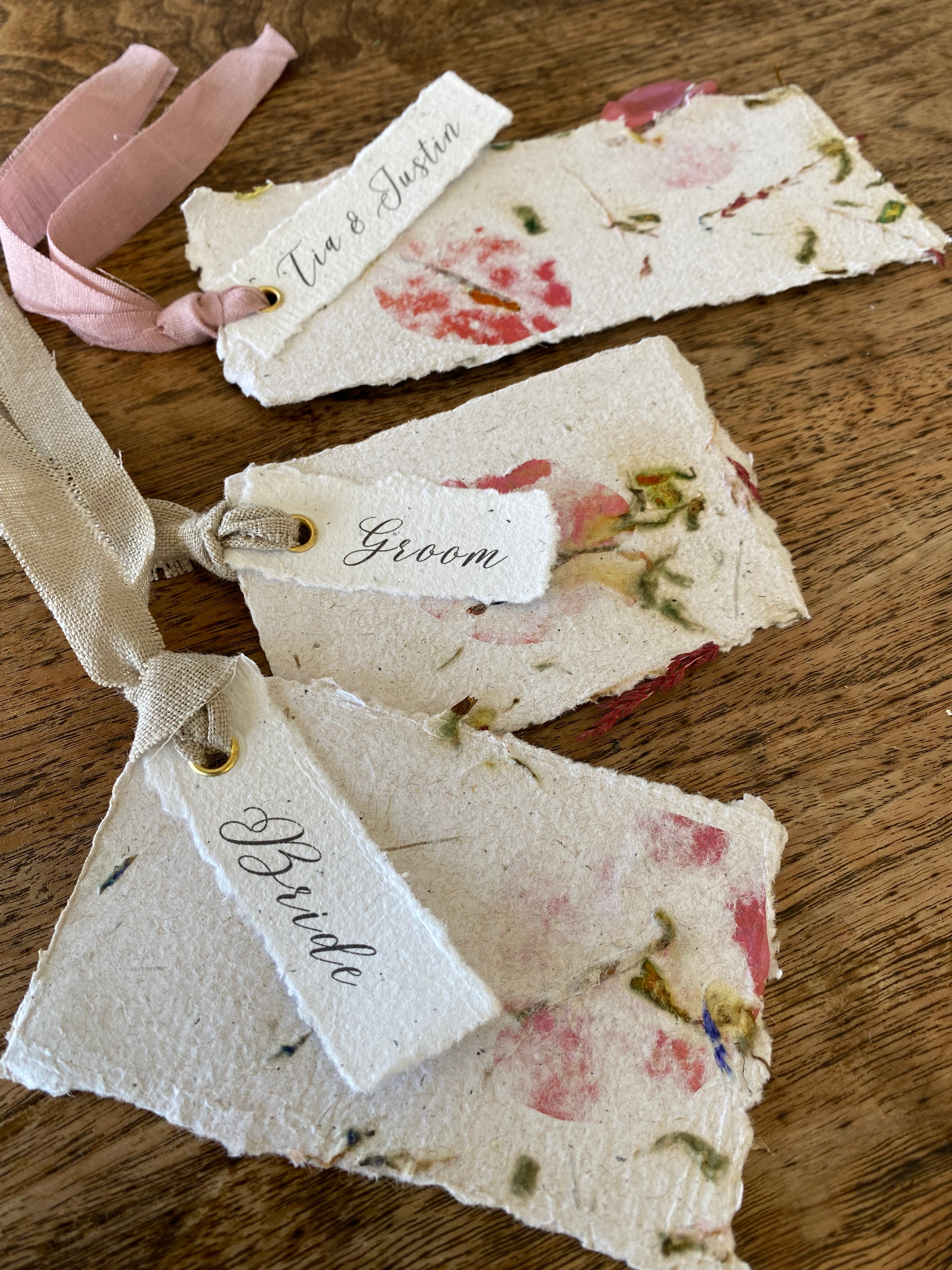 Handmade Paper Wedding Place Cards Personalised with Guest names (Bundle of 5)