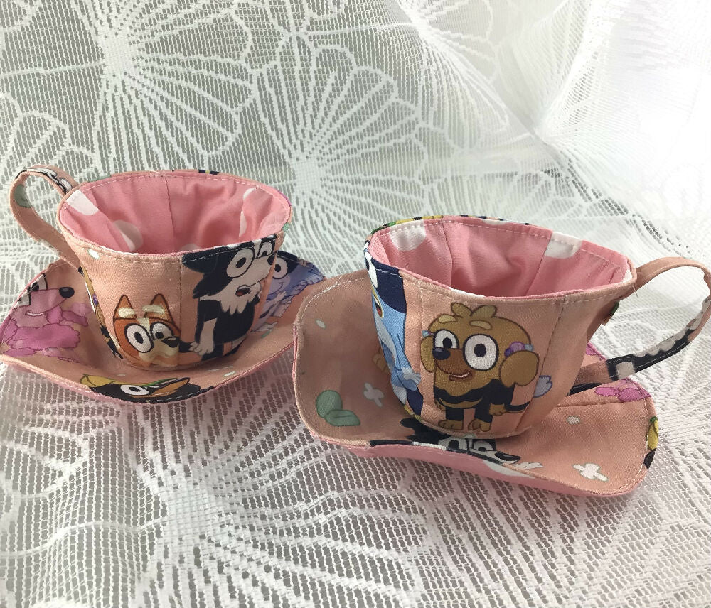 My First Teaset fabric Teaset Bluey pink print