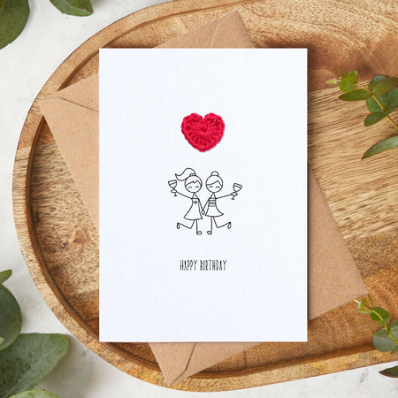 Happy Birthday Card – Crochet Heart with Celebrating Friends Illustration, A6 Greeting Card Embellished with Crochet Heart