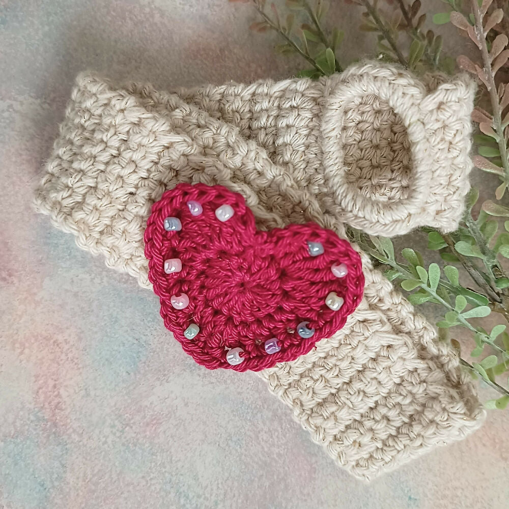 Crochet Headbands with Beaded Heart Applique