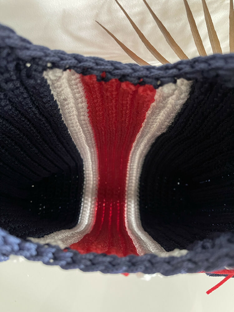 Crochet Stripe Bag, Lightweight Shoulder Strap, Tassel, Navy-White-Red or Green-Gold