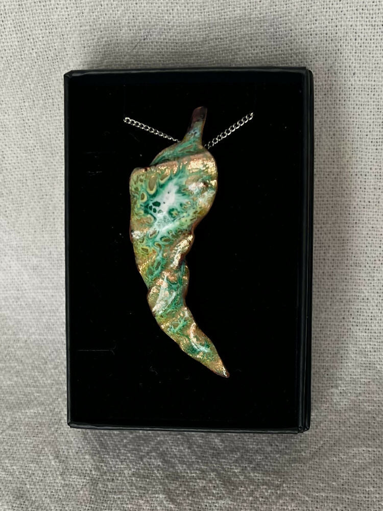 Enamelled copper folded pendant