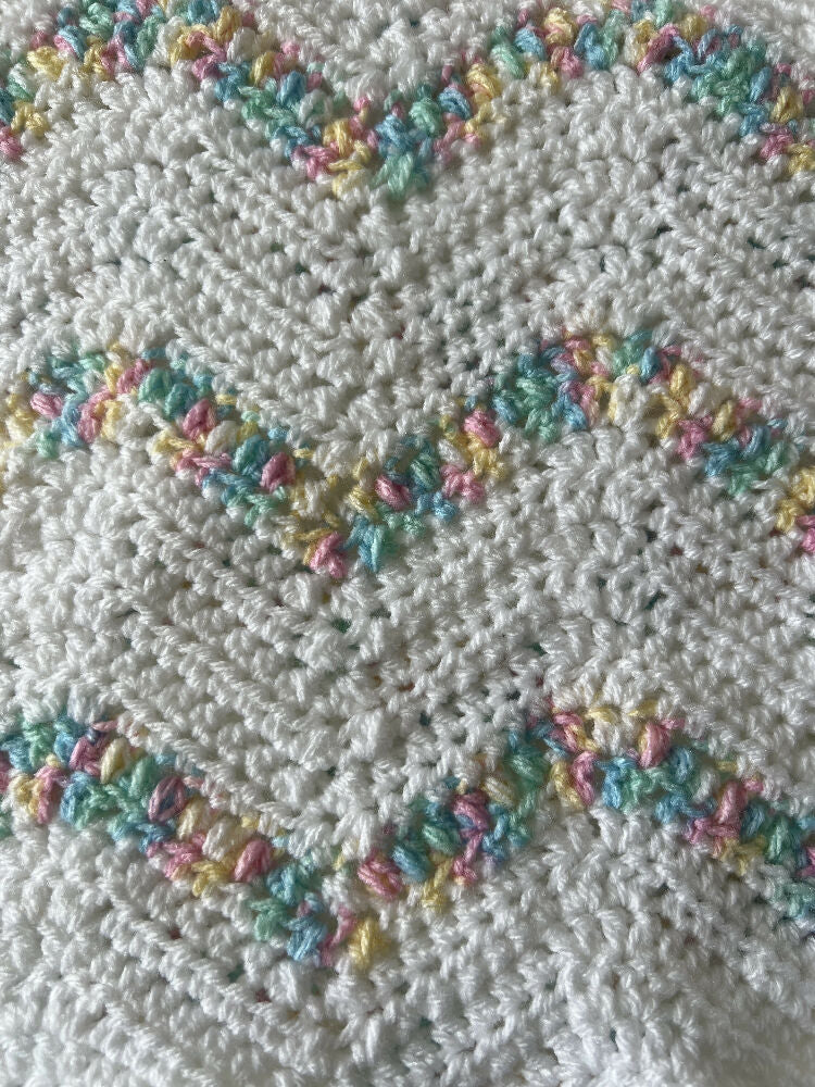 Baby Blanket | Handmade Crochet | Ripple Rainbow and White