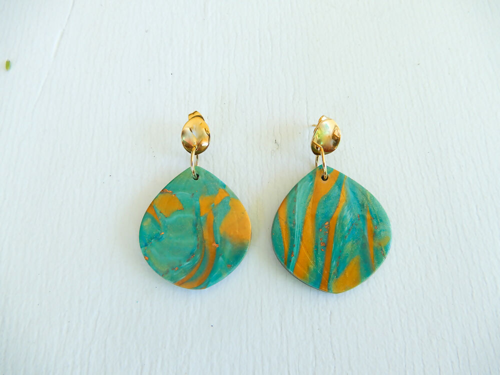 Teal and Gold Polymer Clay Earrings "JoJo"