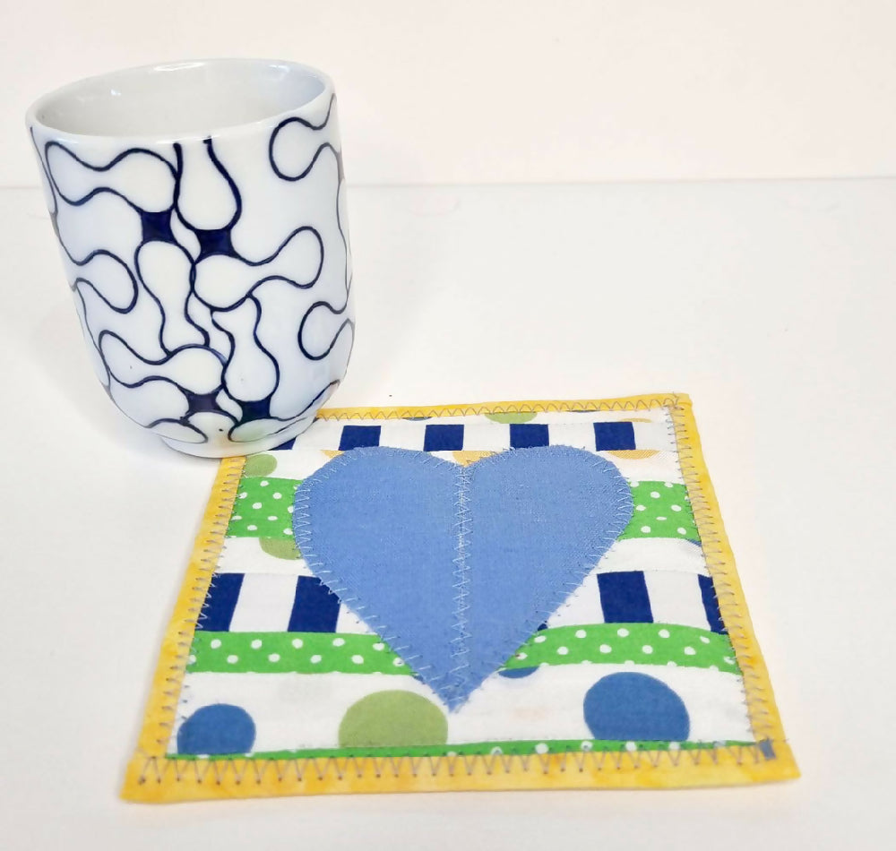 Blue Skies Mug Rug with Blue Heart - Single Coaster - FREE SHIPPING!