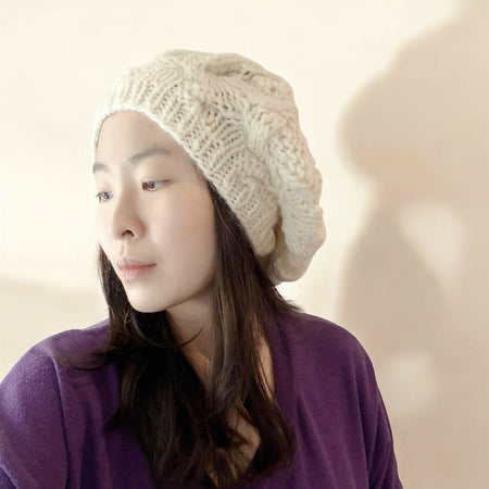 Cable hand Knit Slouchy Beanie in cream white
