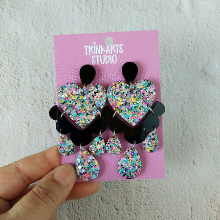 Large Frilly Love Heart Glitter Dangle Earrings