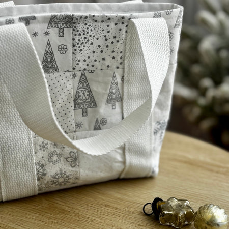 Sustainable Handmade Patchwork Gift Bag – White & Silver Christmas Edition