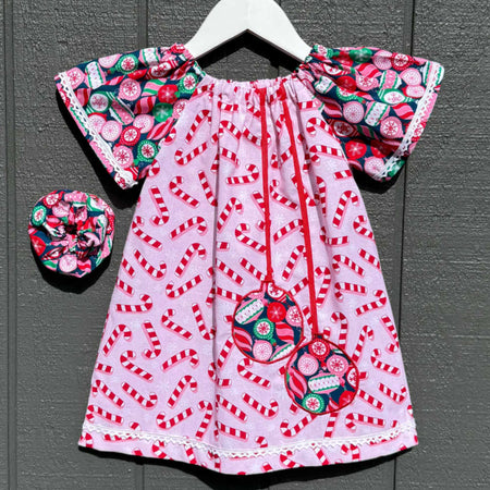 Handmade Christmas Dress – Candy Cane Print + Matching Scrunchie – Size 3