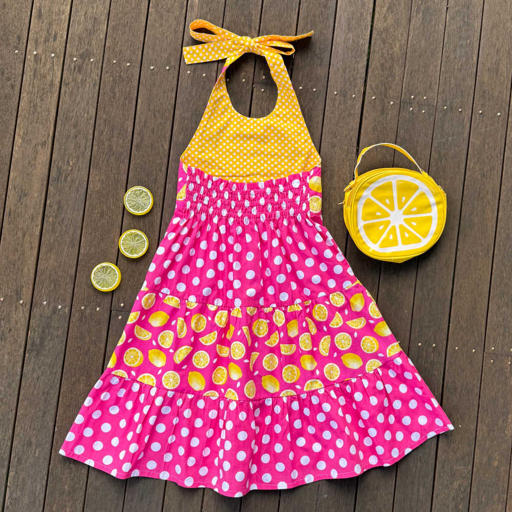 Girls Size 6 Handmade Lemon Print Halter Maxi Dress
