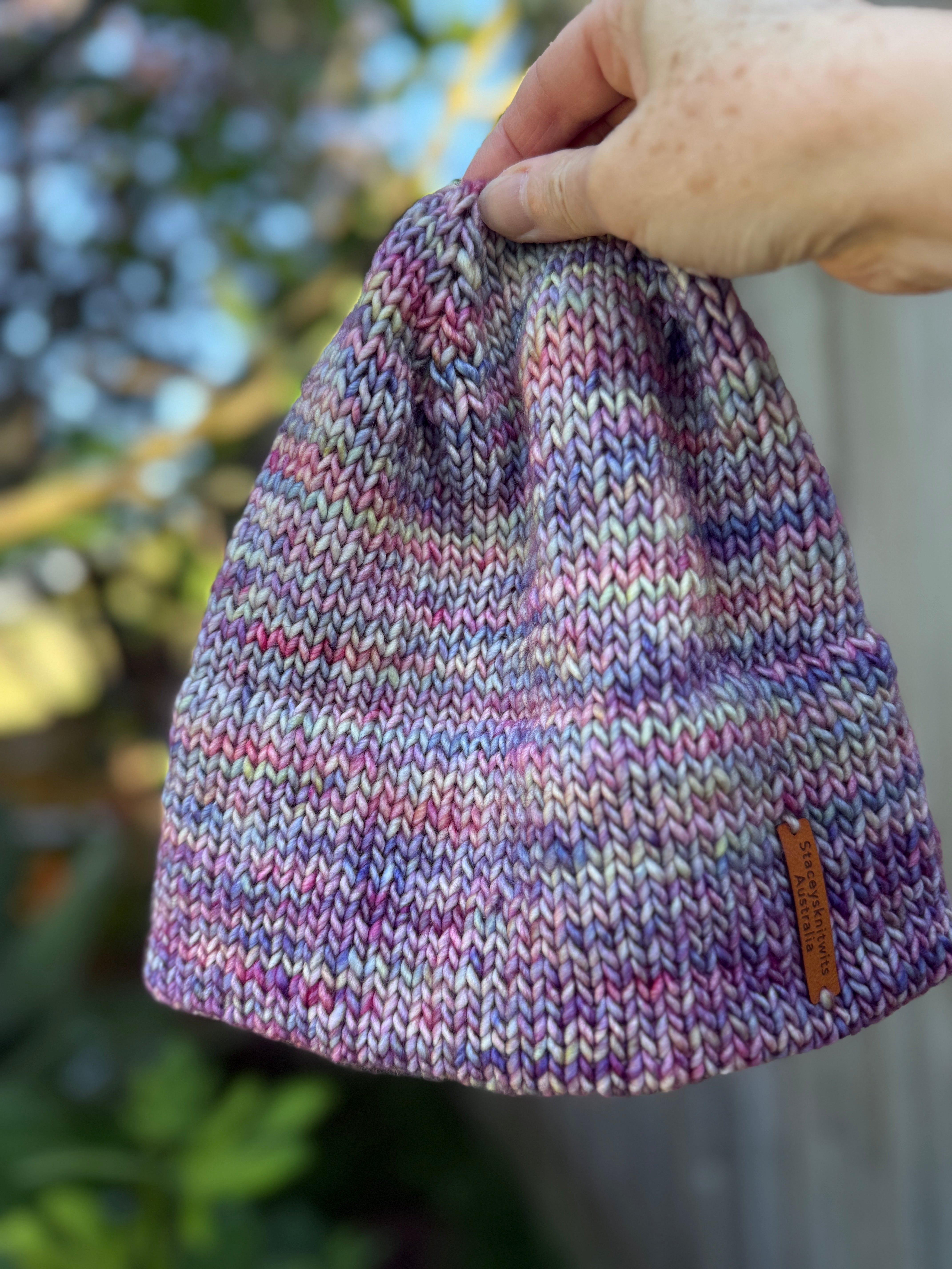 Hand knitted double brim merino beanie, rainbow flecked super warm ladies beanie