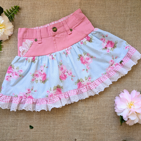 Girls Skirt Upcycled Denim Pink Posies and Gingham Size 3-4