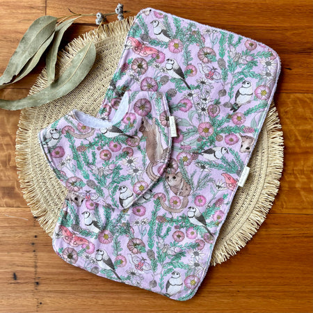 Baby Bib and Burp Cloth Set | Pink Possums | Ready to Ship