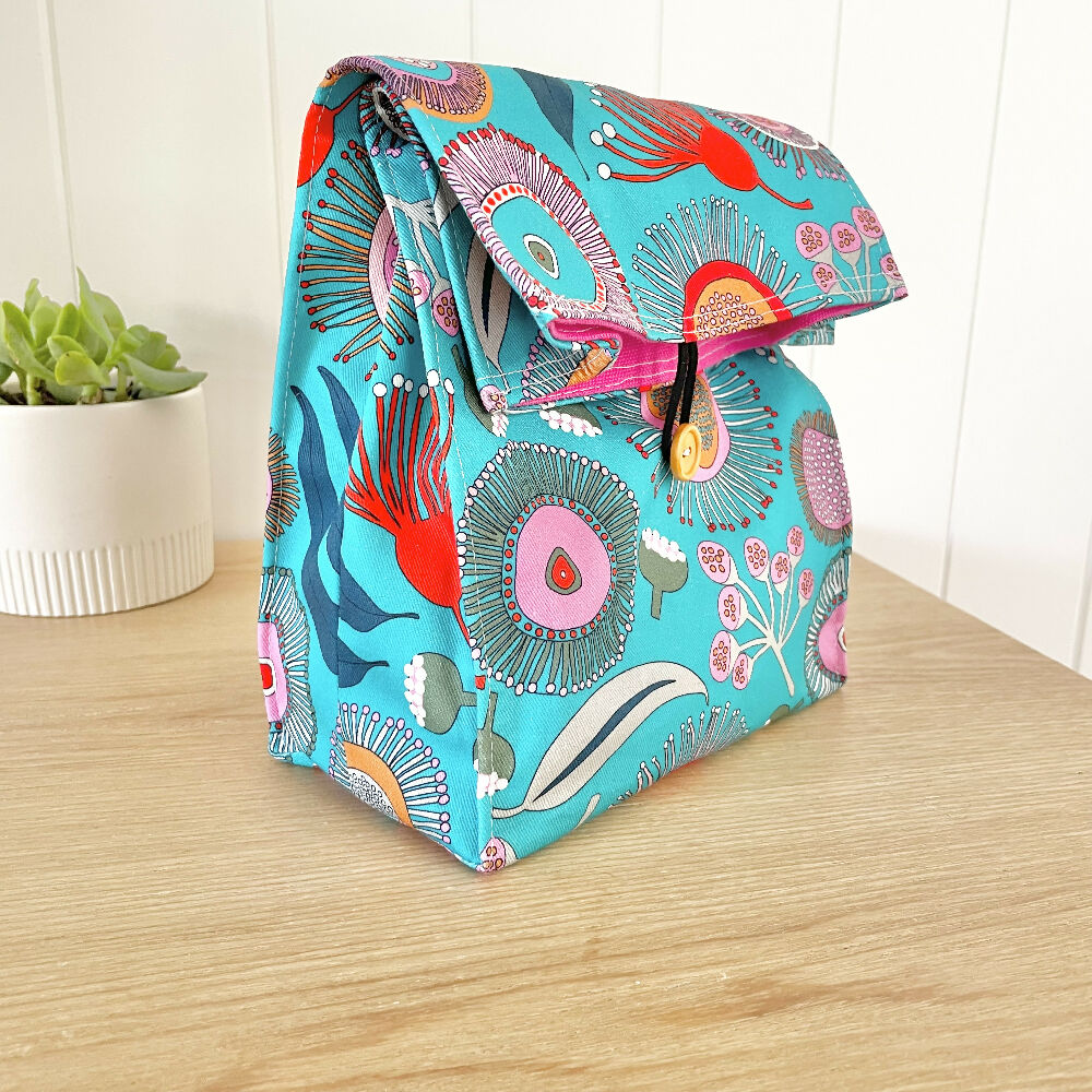 Lunch Bag Cotton Canvas~ Reusable, Fold Over~ Blossoms Blue