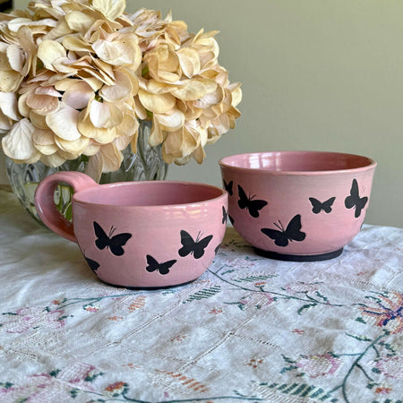 Papillon Noir | 2 Piece Breakfast Set | Pink | Black Clay | Wheel Thrown Pottery