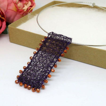 Crochet Wire Purple Burnt Orange Beaded Large Pendant on Choker
