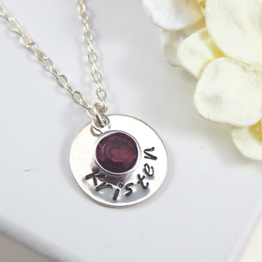 Personalized Name Necklace in Sterling Silver with Birthstone