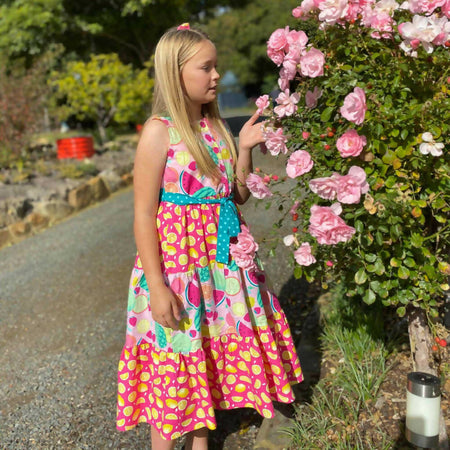 Girls Tropical Fruit Print Dress & Hair Bow Set | Size 10-12 years