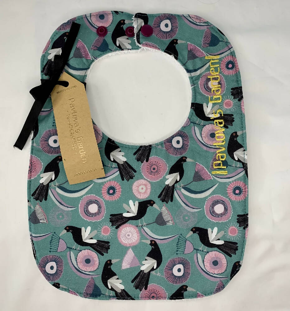 Bib & Burp Cloth Set - Magpies on Green