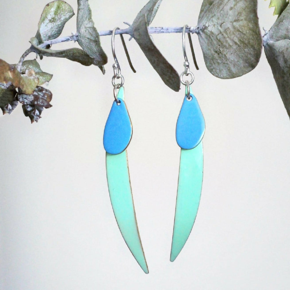 Green and blue leaf earrings