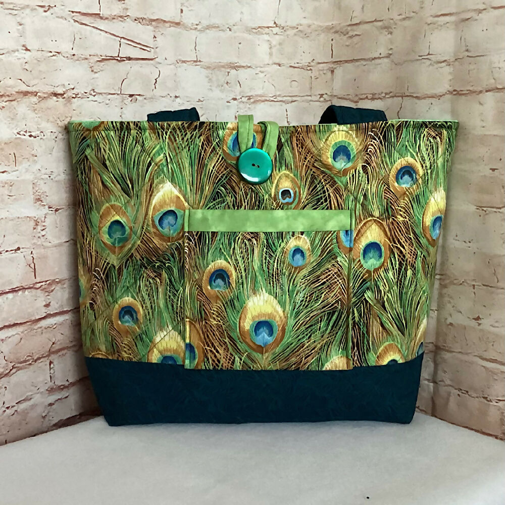 Peacock Feathers handbag, tote, shoulder bag for shopping, travel or craft.