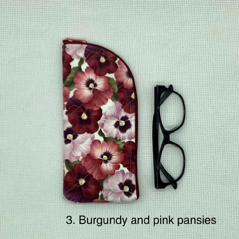 Pansies Glasses Case. Fabric, padded, lightly quilted.