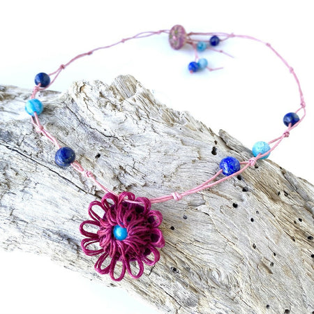 Necklace Knotted Gemstone Beads Flower Pendant Pink Blue