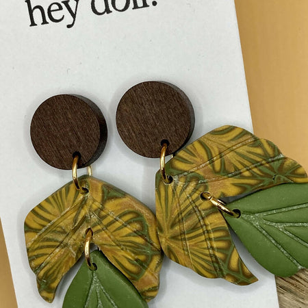 Olive and gold 3 tier dangles with wood detail