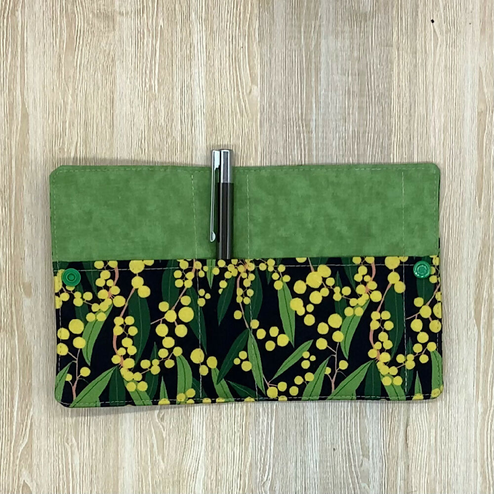 Australian Wattle refillable fabric pocket notepad cover with snap closure. Incl. book and pen.