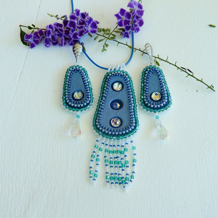 Blue Bead Embroidered Polymer Clay Pendant & Earrings Set 