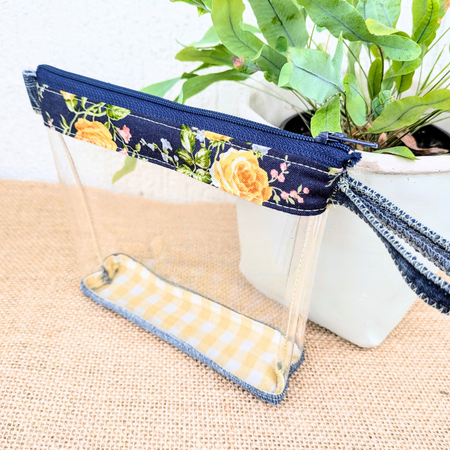 Travel Pouch Clear Organiser upcycled Denim Yellow Roses and Gingham