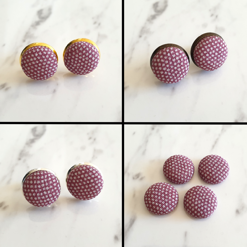 1.4cm Round White dot Purple Kimono Fabric Cabochon stud earrings