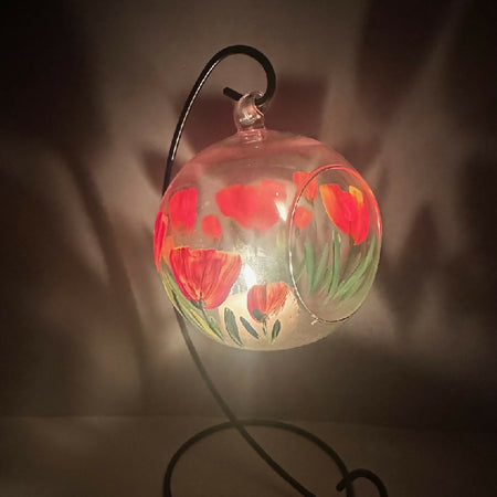 Glass Tea Light Holder Hand Painted Red Tulips