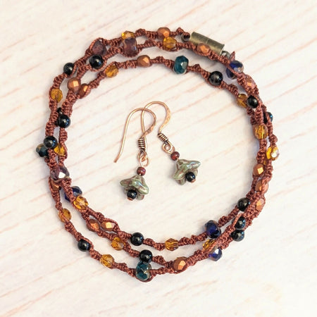 Earring and bracelet gift set | Hand knotted macrame | Black onyx gemstone | Flower bead earrings | One of a kind | Gift boxed