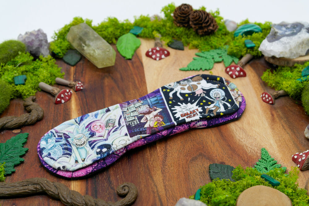 dig the flow reusables reusable cloth pad australian handmade rick and morty cotton lycra purple cotton unique one-of-a-kind mishmash menstrual health business