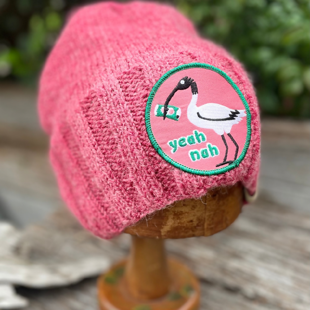 HATITUDE Pink Handknitted beanie with “Yea Nah” Patch