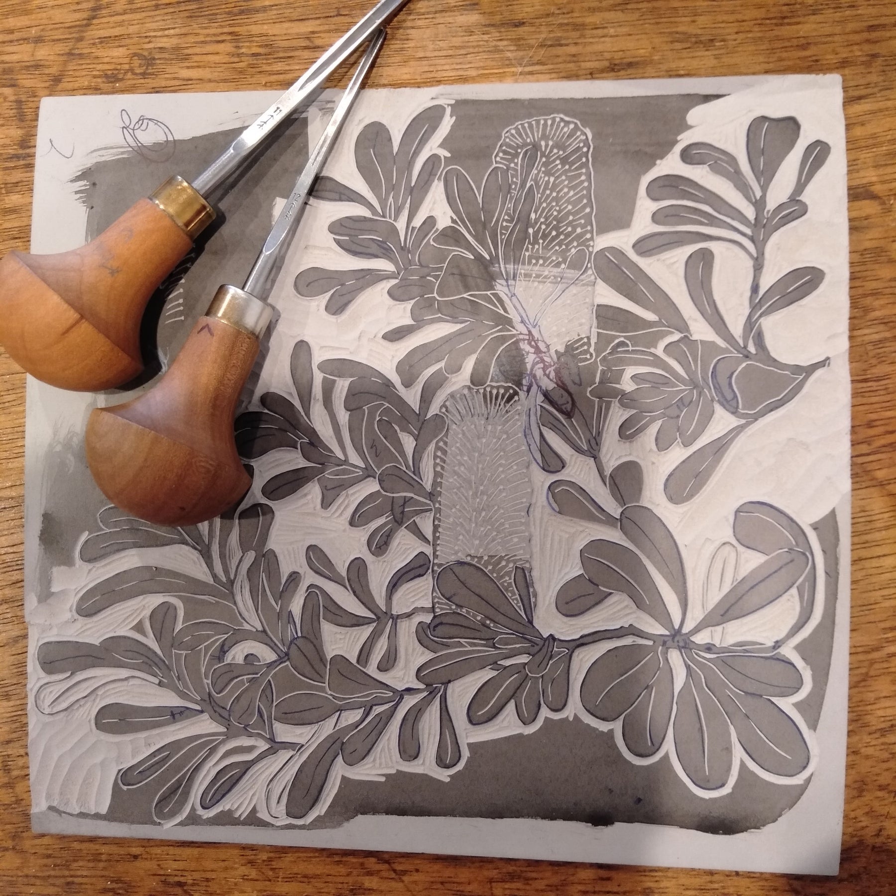 Original linocut print of Australian banksia