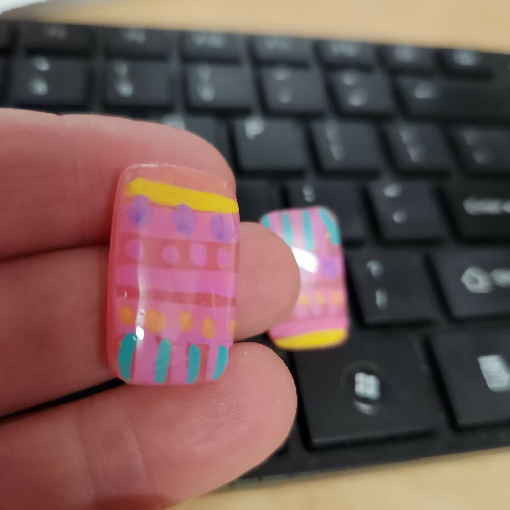 Stud Earrings Handpainted Rectangle Pink Stripes and Spots Resin