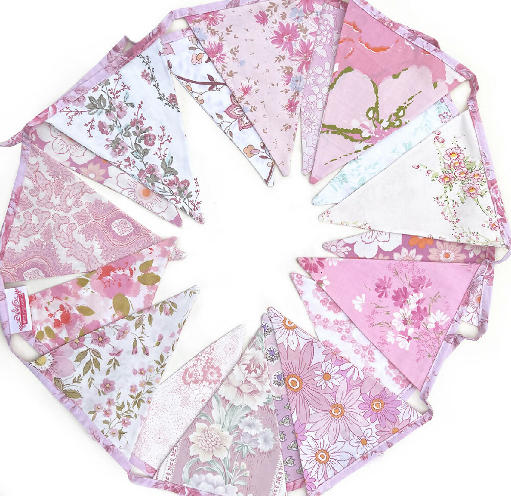 Bunting , Retro PINK Multi Vintage Floral Flags - One of a Kind