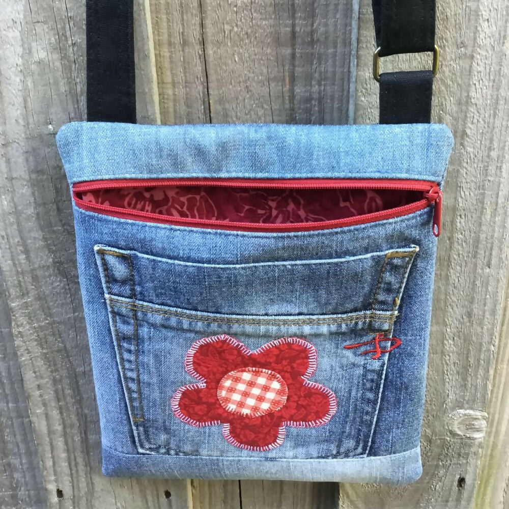 Upcycled Denim Crossbody Bag - Red Flower