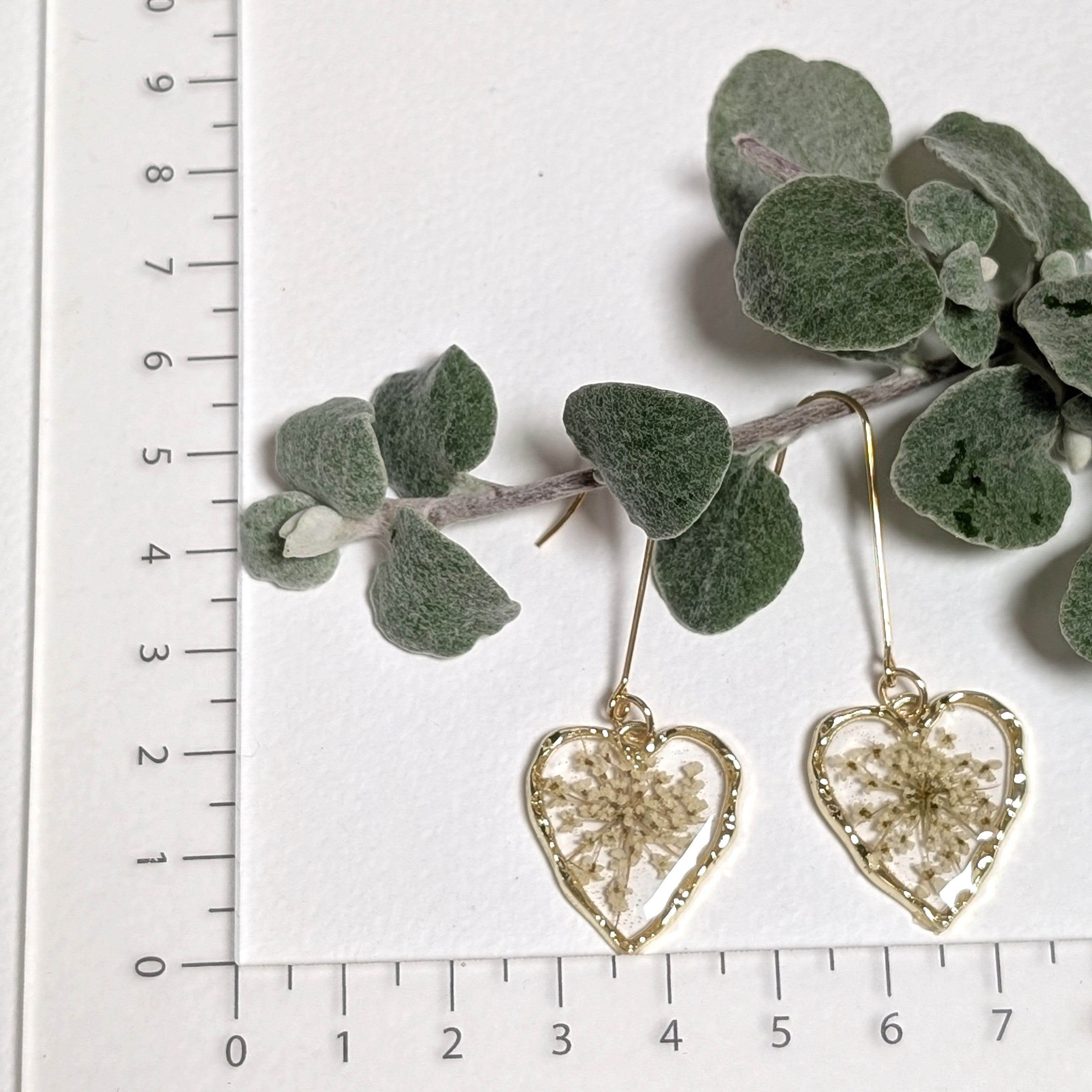 Elegant, heart shaped Queen Anne's Lace earrings
