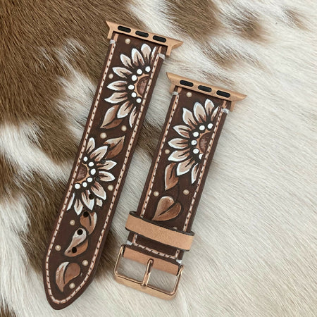 Leather Apple Watch Band - sunflowers with leaves