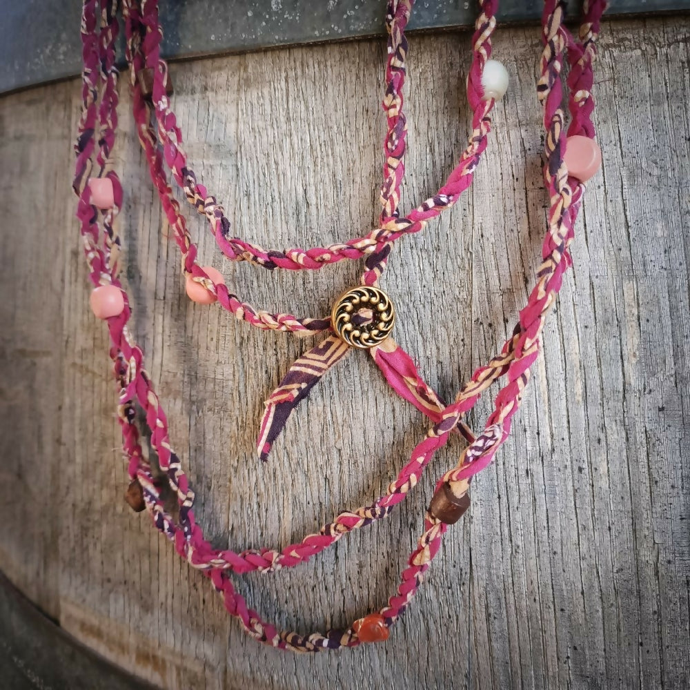 australian handmade cordage necklace magenta close up hanging