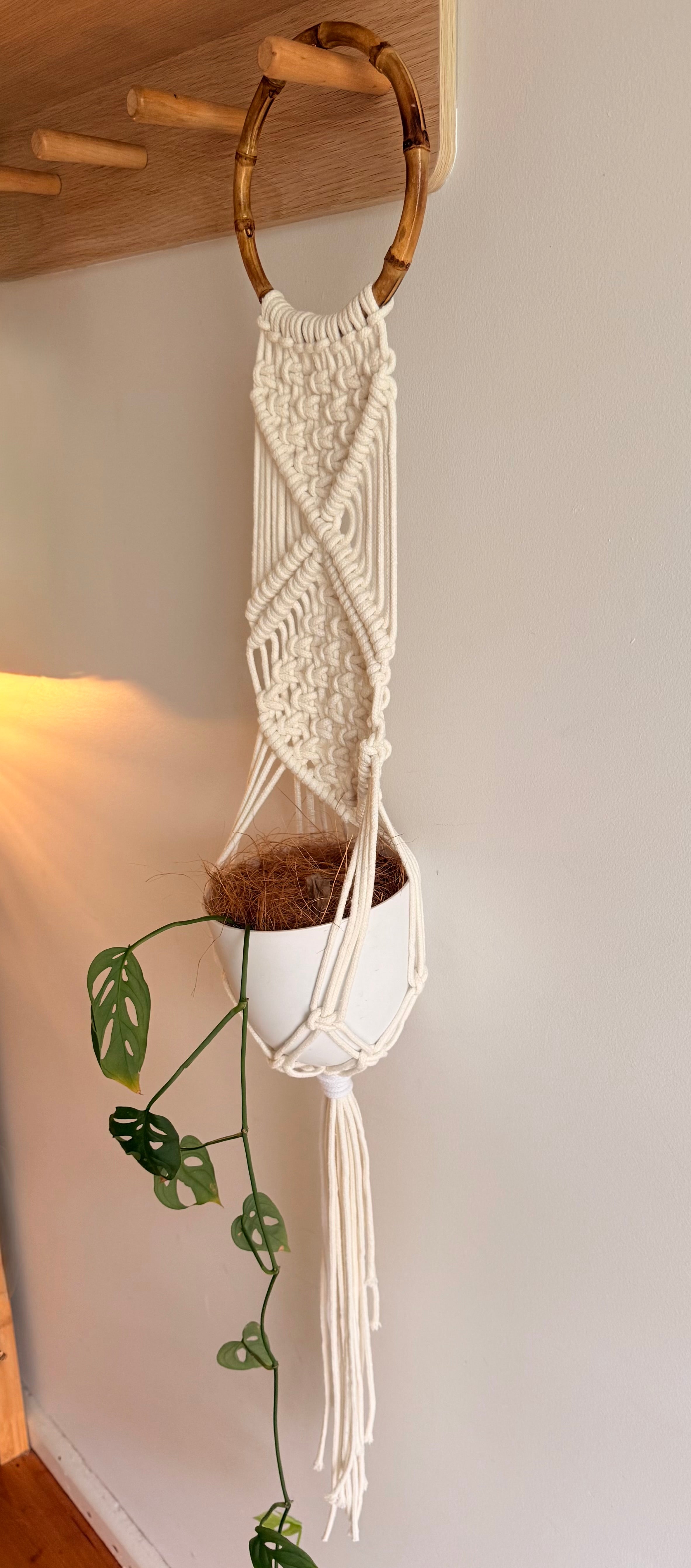 Handmade White MacramƩ Plant Hanger | Bamboo Ring