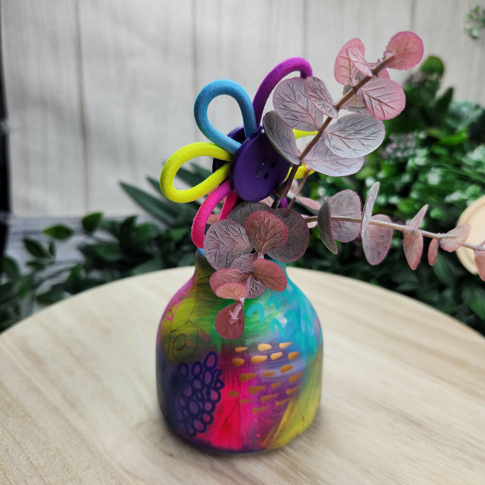 Blooming Buttons - Handpainted Squat Vase with Button Flowers