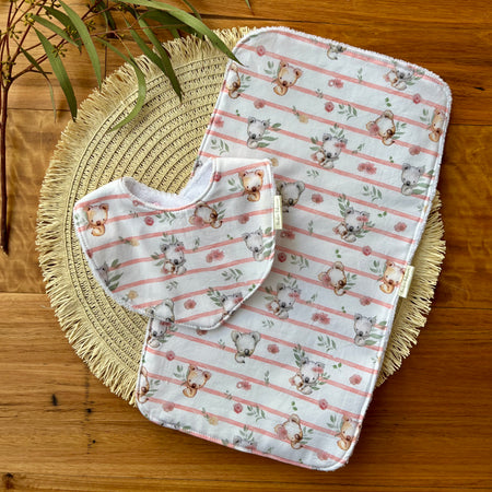 Baby Bib and Burp Cloth Set | Pink Koala Stripe | Made to Order