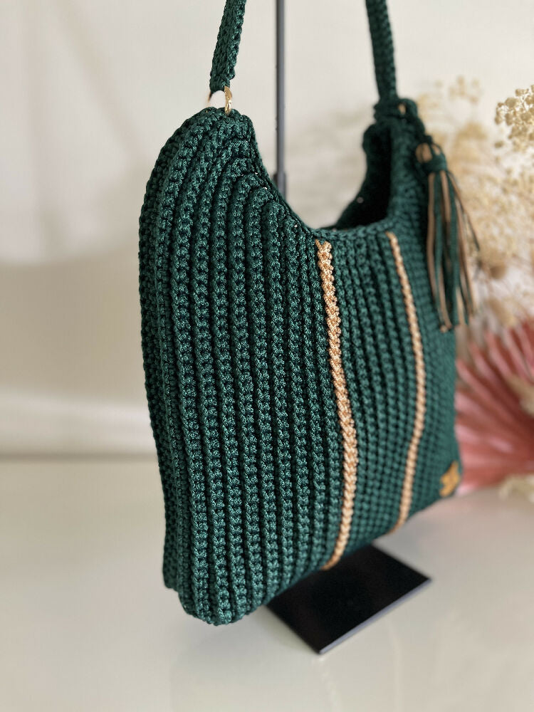 Crochet Stripe Bag, Lightweight Shoulder Strap, Tassel, Navy-White-Red or Green-Gold