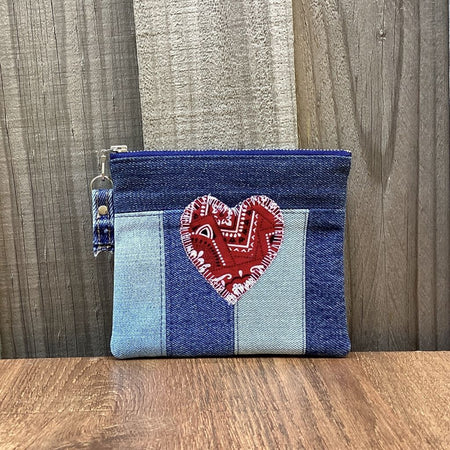 Upcycled Denim Coin Purse - Red Paisley Heart