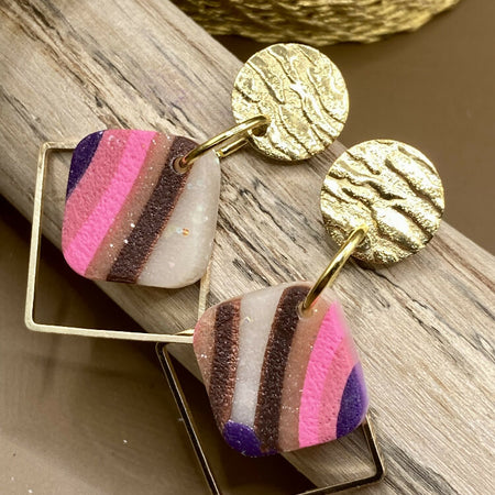 Magenta rainbow square dangle earrings