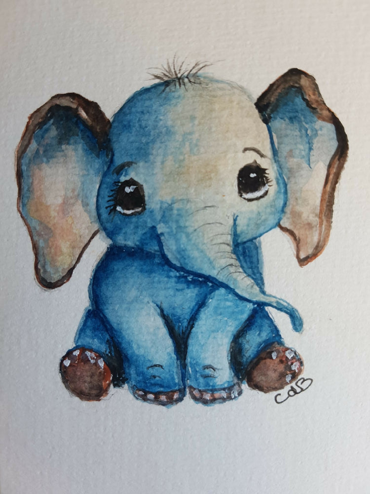 Blue Baby Elephant Watercolour Card